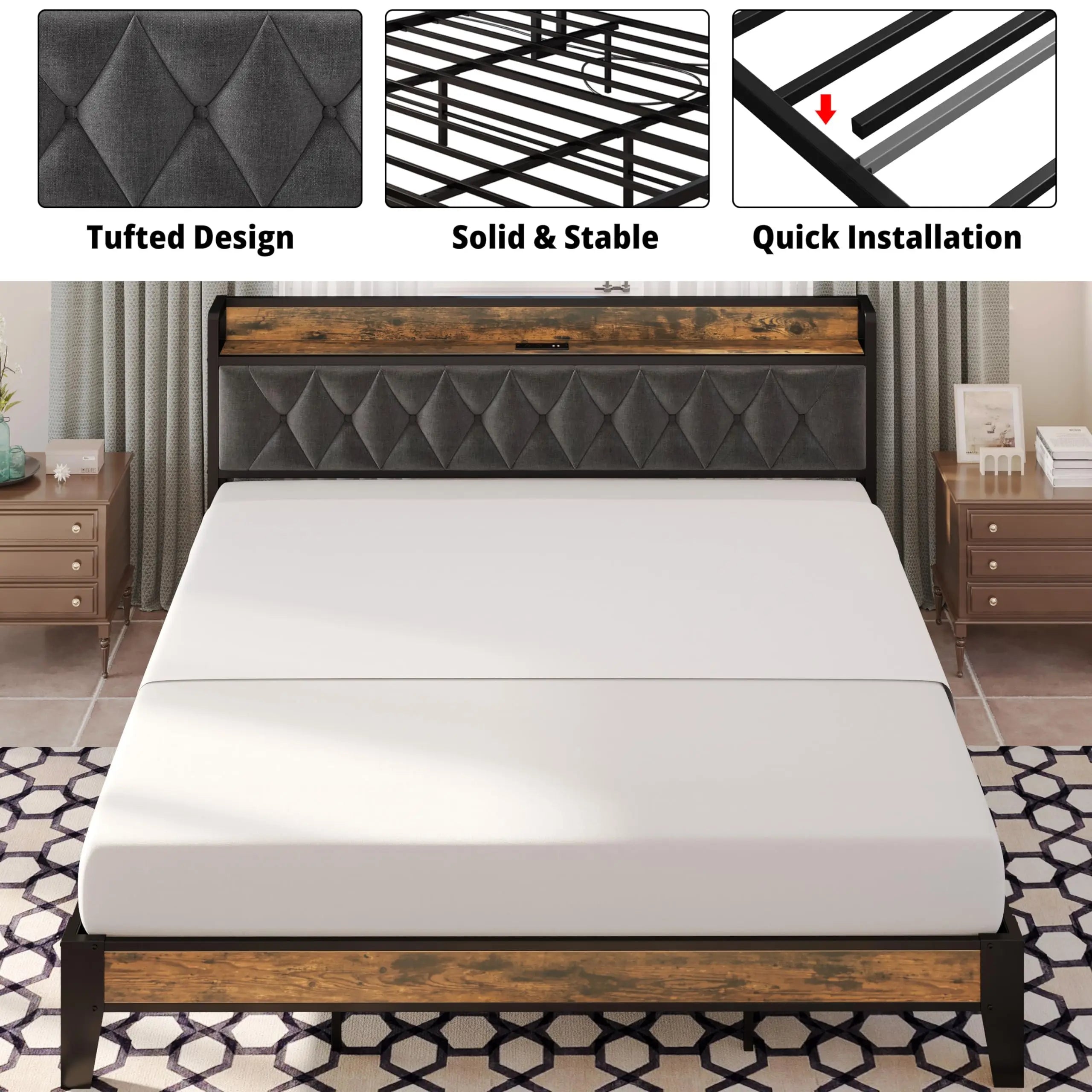 Twin/TwinXL/Full/Queen/King/CaliforniaKing Bed Frames, Storage Headboard with Outlets,