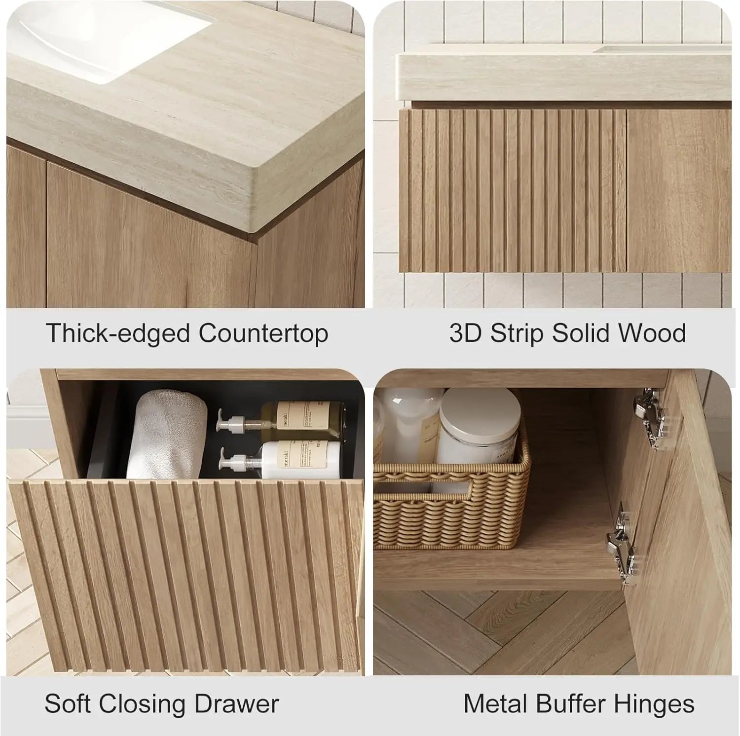 36in Wall Mounted Bathroom Vanity with Sink Ceramic Basin Travertine Countertop Storage Drawer Door Light
