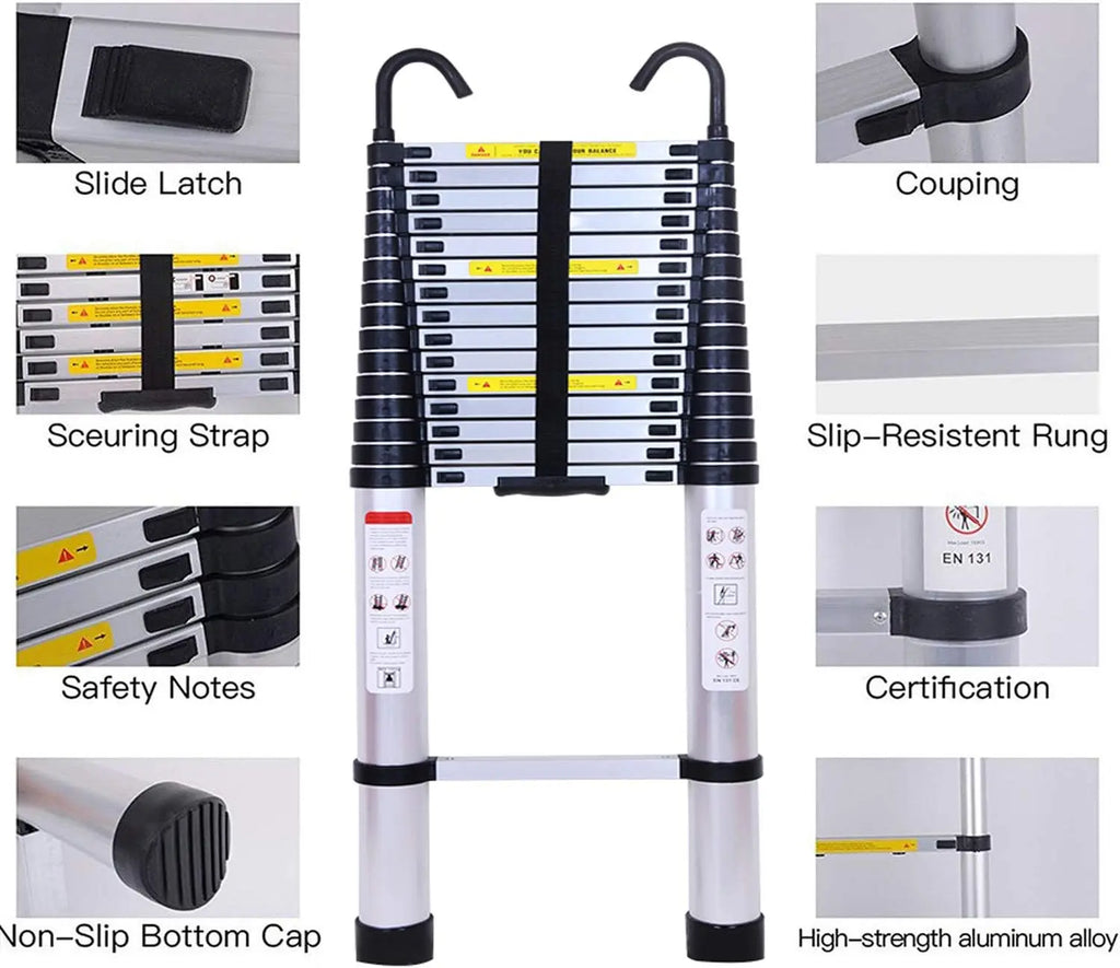 Telescopic Ladder 6.2m with Detachable Hooks & Extendable Steps,