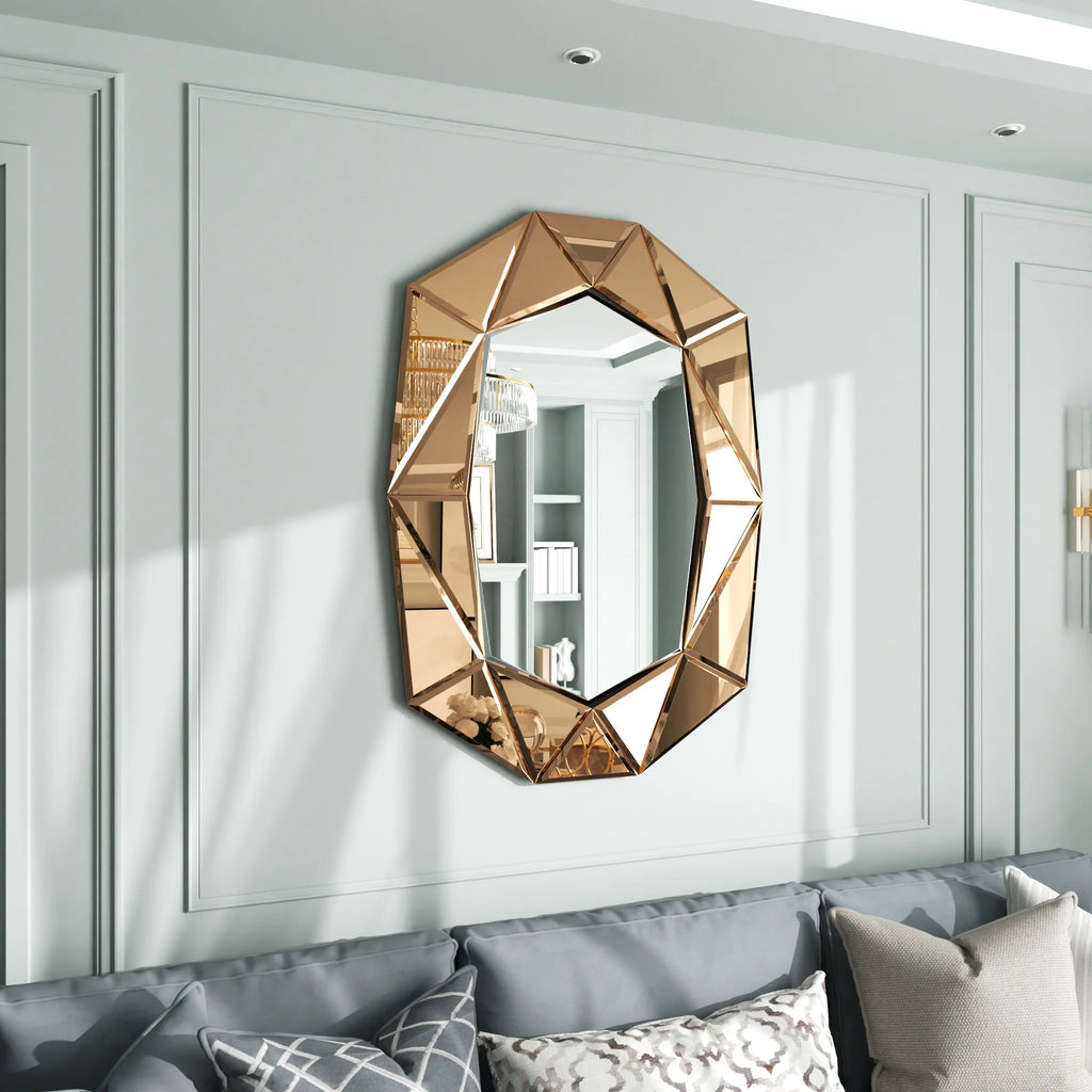 Stylish Irregular Silver Glass Wall Mirror with Beveled Diamond Edge Accents