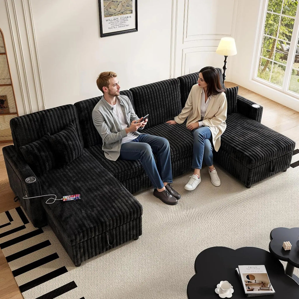 U Shaped Sleeper Sectional Sofa Pull Out Bed Double Storage Chaise USB Small Desktop Living Room 110in Black Customized