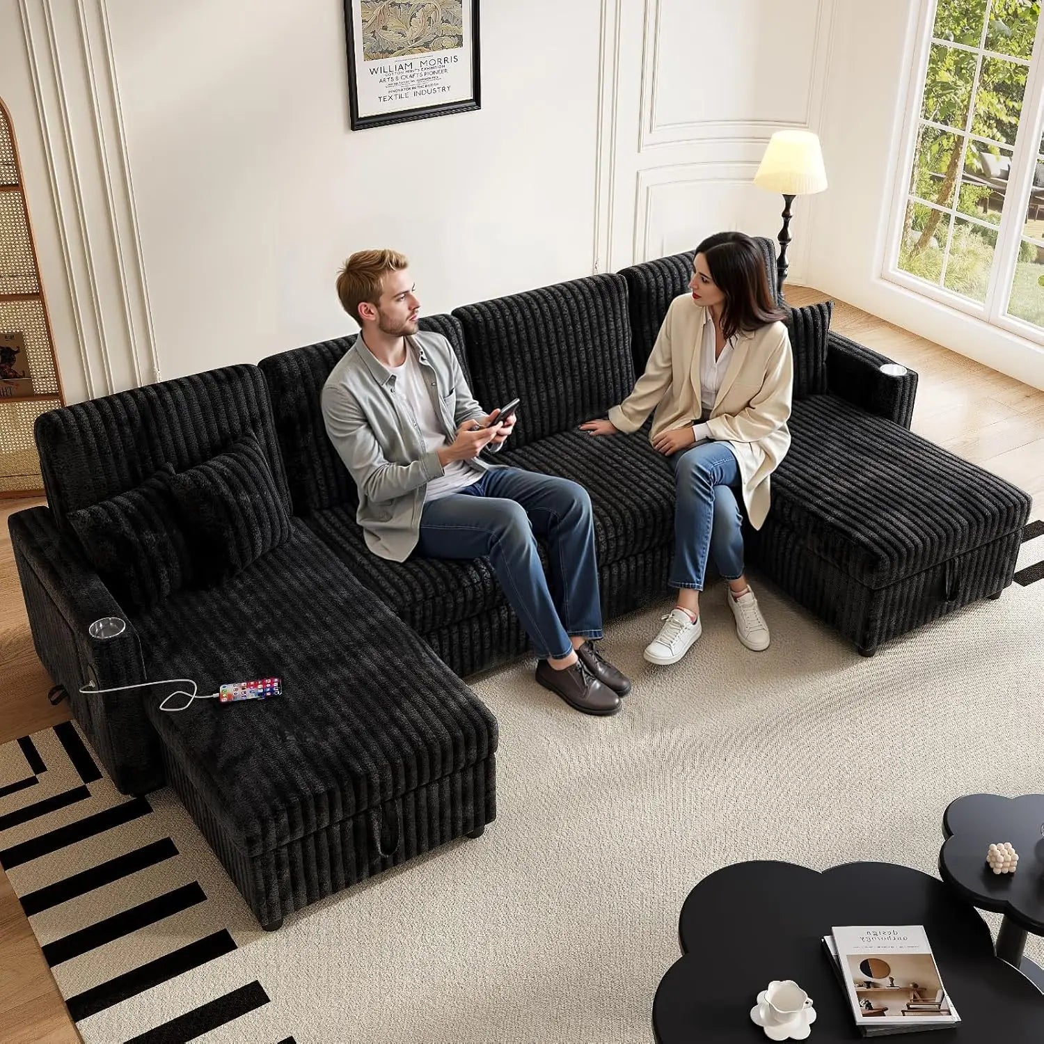 U Shaped Sleeper Sectional Sofa Pull Out Bed Double Storage Chaise USB Small Desktop Living Room 110in Black Customized