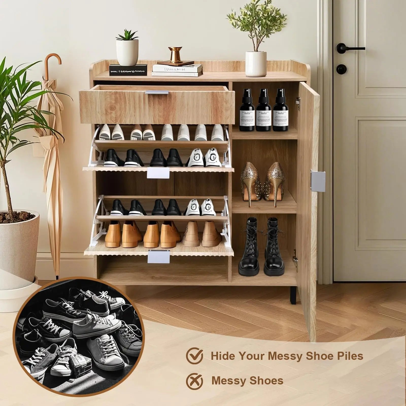 Freestanding Narrow Entryway Shoe Organizer With Adjustable Shelves,