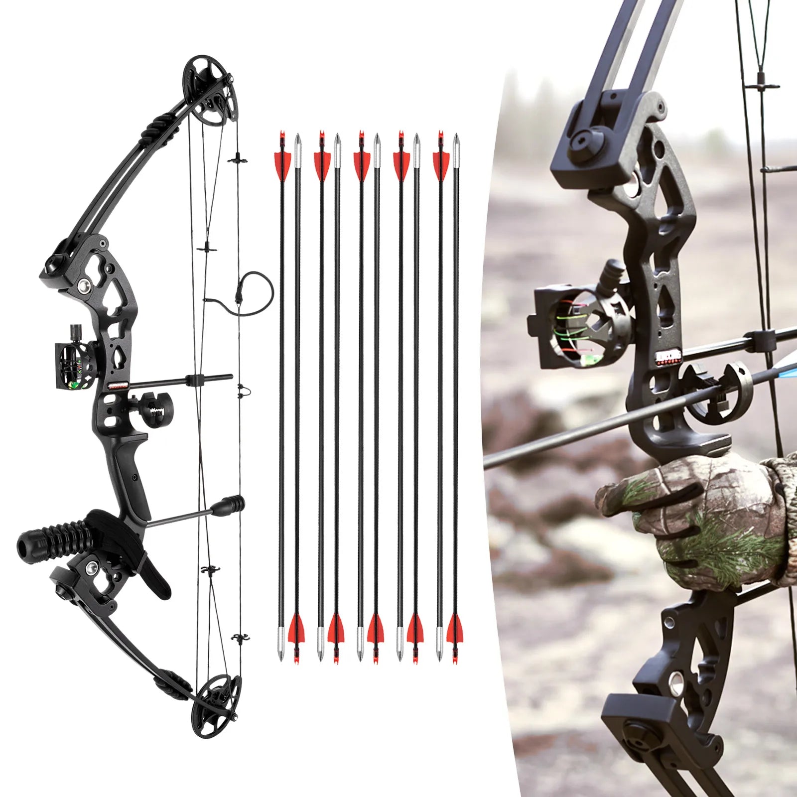Right Handed Compound Bow Kit Adults and Teens Compound Bow Archery Hunting Equipment with 12 Arrows 30-55lbs Adjustable