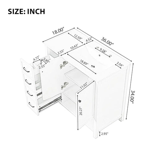 36" Modern Vanity with Ceramic Sink, Soft-Close Drawers & Door,