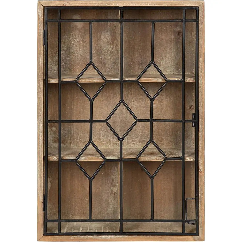 Wall Hanging Open Storage with Decorative Black Iron Door, Rustic Brown