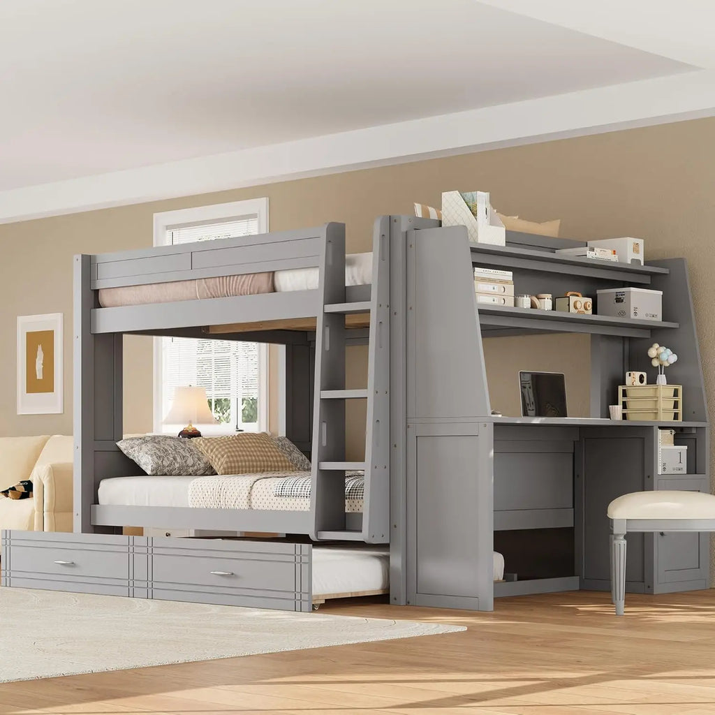 Full Wooden Gaming Bunk Bed with Desk Storage Shelves USB LED Light