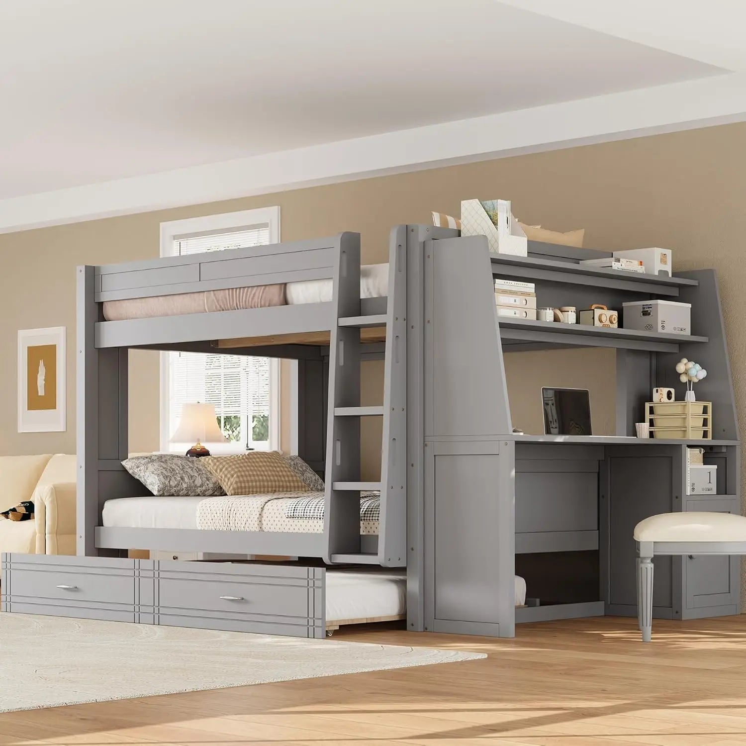 Full Wooden Gaming Bunk Bed with Desk Storage Shelves USB LED Light