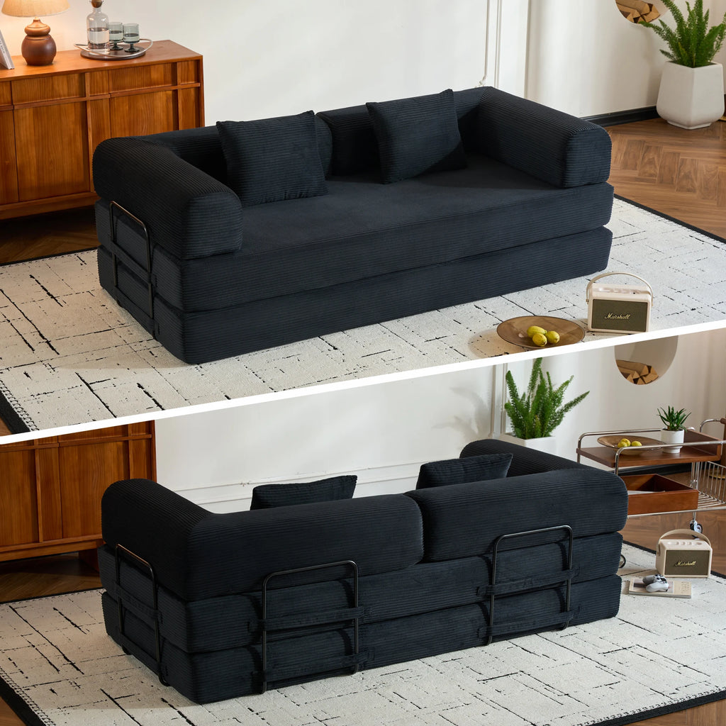 79" Folding Convertible Sofa Bed, Oversized Corduroy Futon Floor Couch, Boneless Loveseat for Small Spaces,