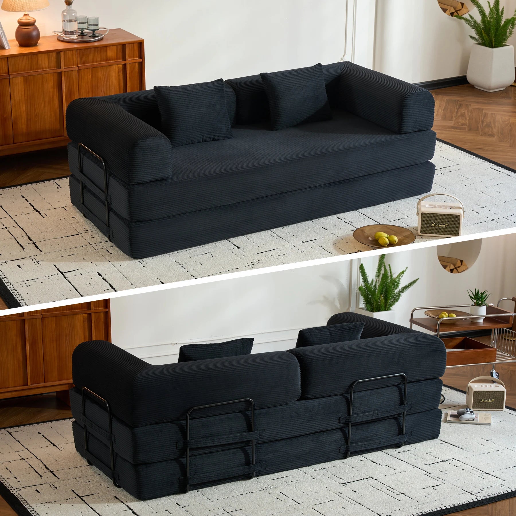 79" Folding Convertible Sofa Bed, Oversized Corduroy Futon Floor Couch, Boneless Loveseat for Small Spaces,