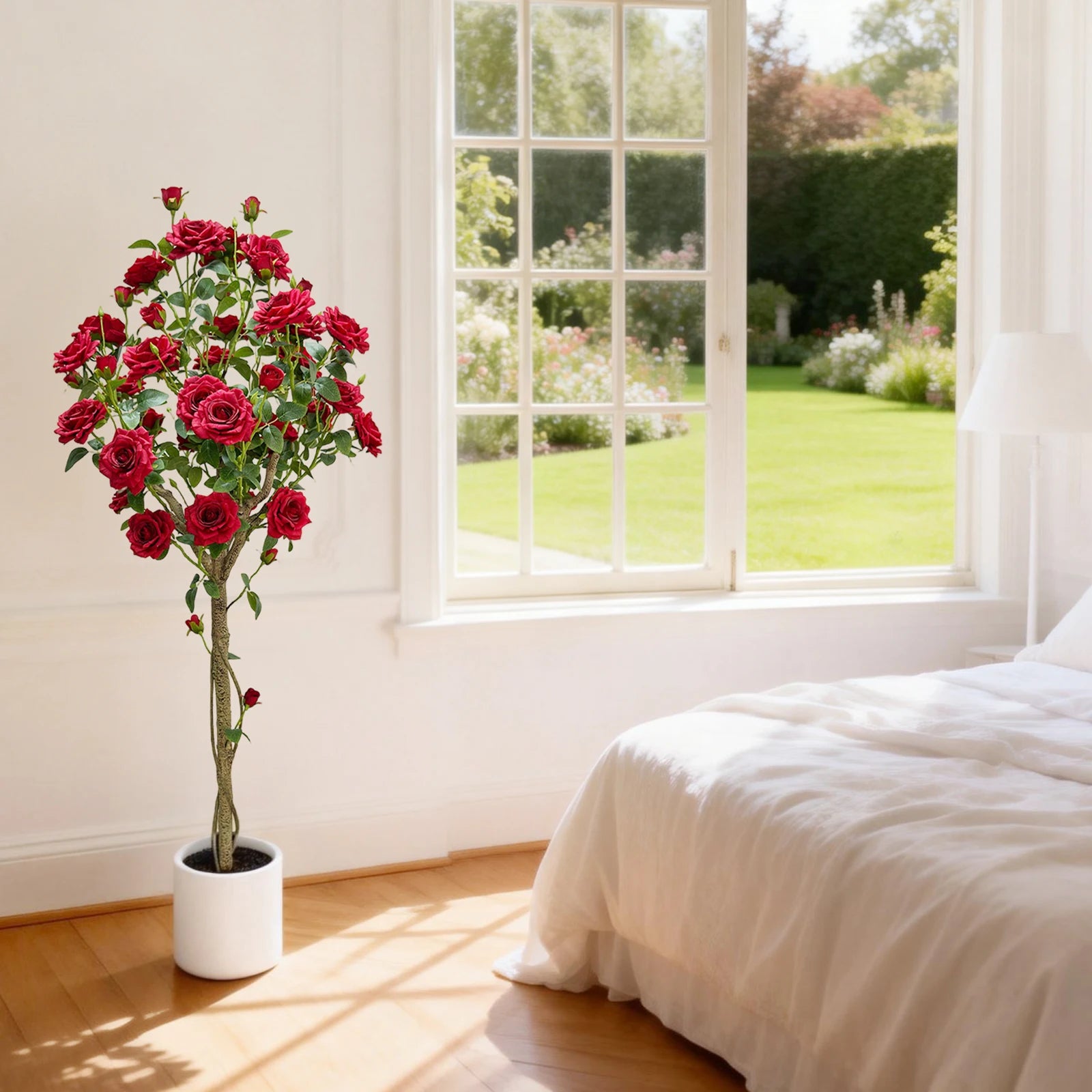 150cm Artificial Rose Tree, Realistic Silk Flower Plant with Plastic Trunk in Decorative Pot, for Indoor & Covered Outdoor Decor