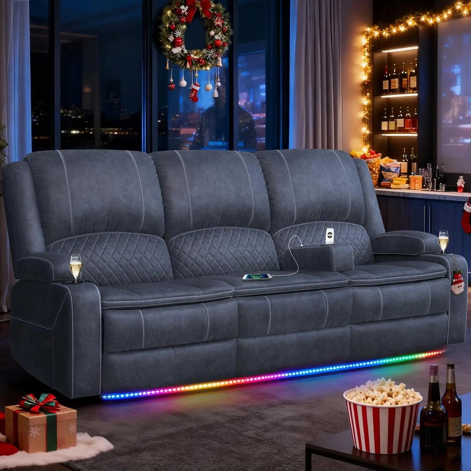 3 Seat Recliner Sofa with Console, Armrest, PU Leather, Cup Holders, USB Ports,