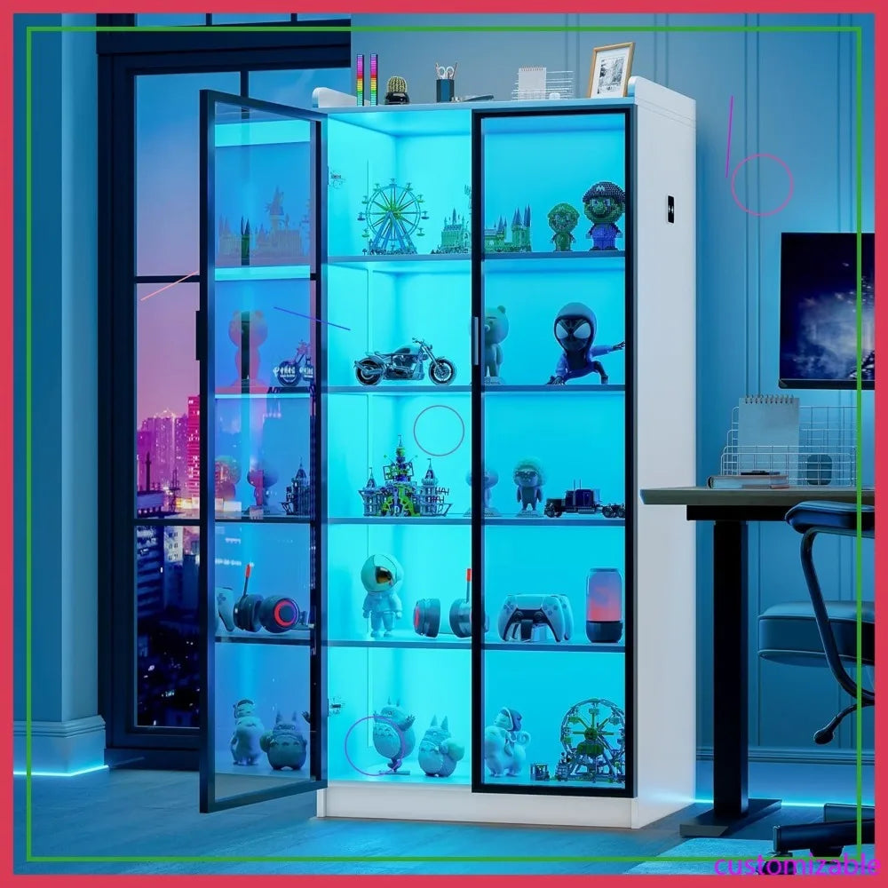 65" LED Display Cabinet with Lights, 5-Tier Adjustable Shelves