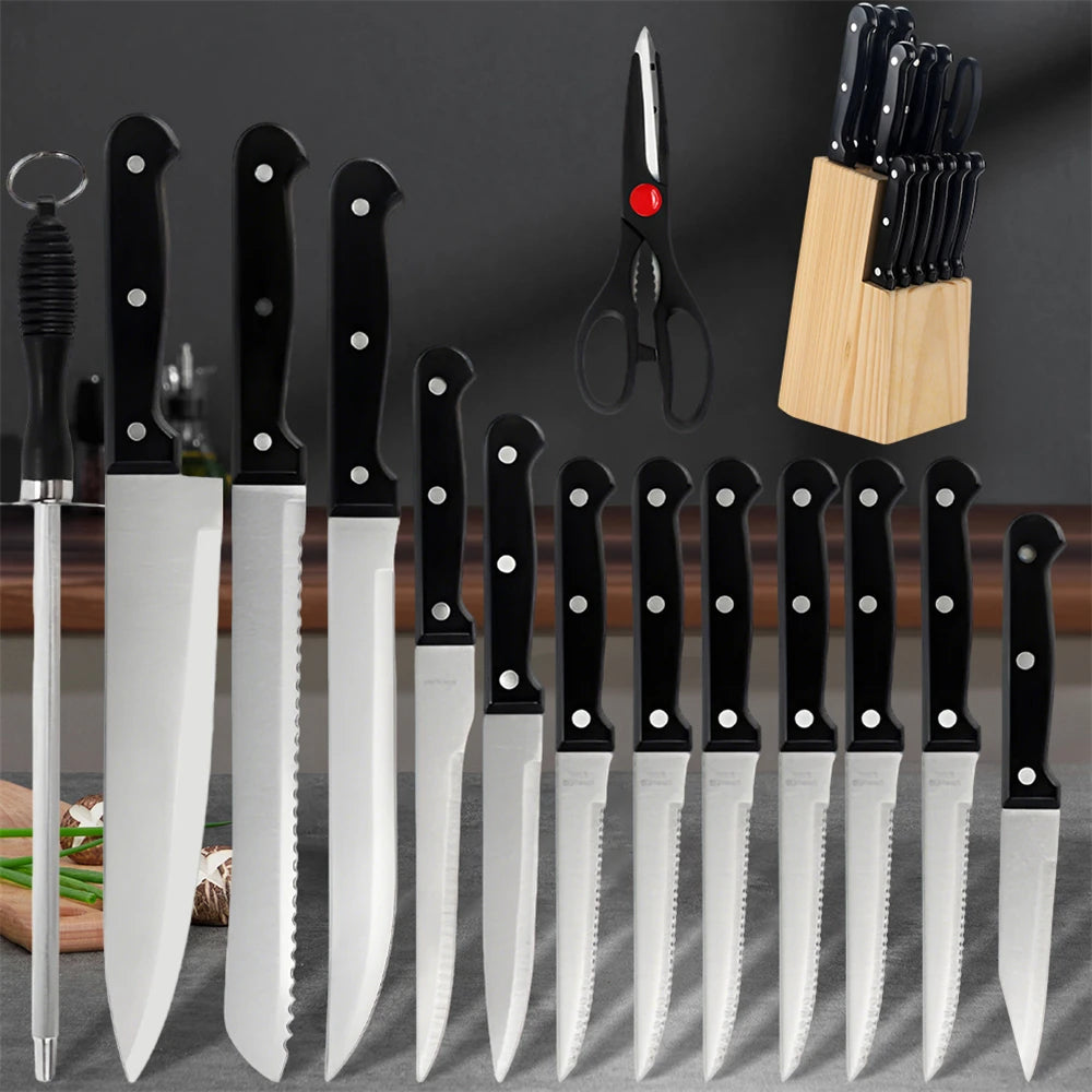 15pcs Kitchen Knife Set with Solid Wood Block Suitable for Chefs
