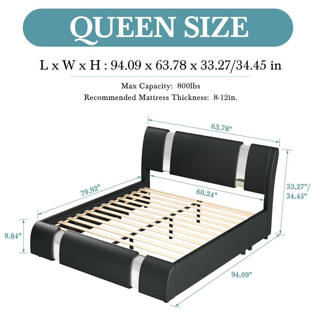 Modern Faux Leather Bed Frame with Iron Pieces Decor, with Height-Adjustable Headboard