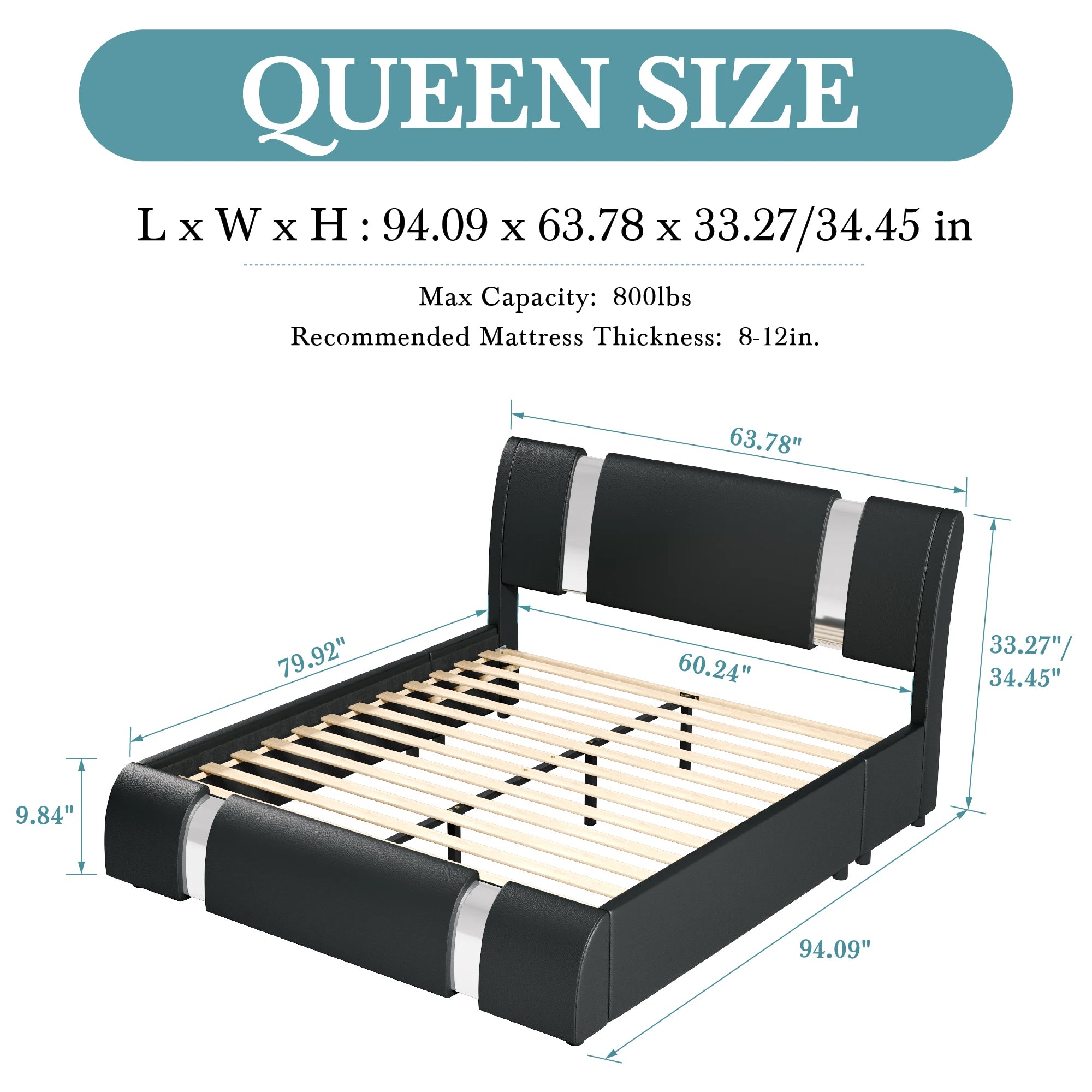 Modern Faux Leather Bed Frame with Iron Pieces Decor, with Height-Adjustable Headboard