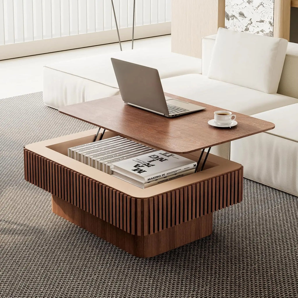38.6" Lift Top Coffee Table with Storage, Fluted Coffee Table with Solid Wood Veneered, Mid Century Modern Wooden, Customized