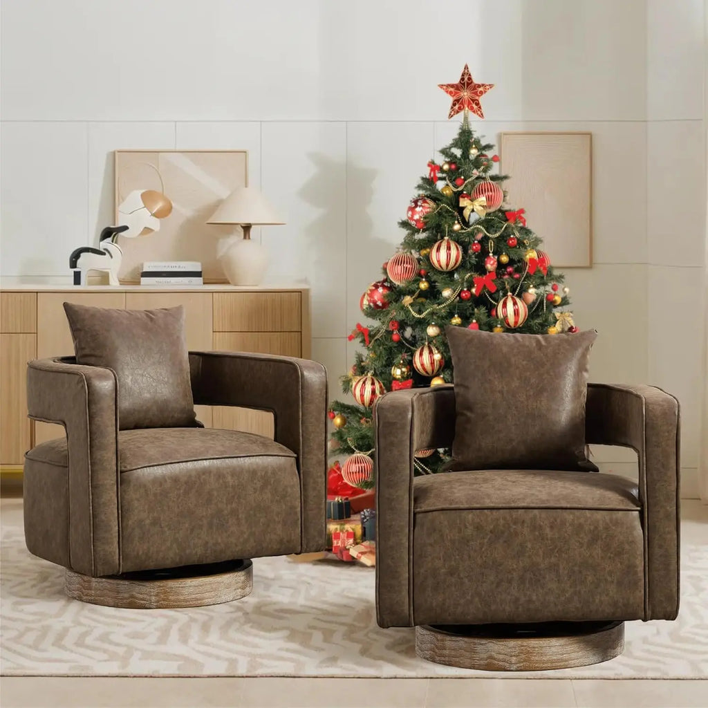 Upholstered Swivel Accent Chair Set of 2 Linen Open Back Barrel Chair with Pillow for Living Room, Beige