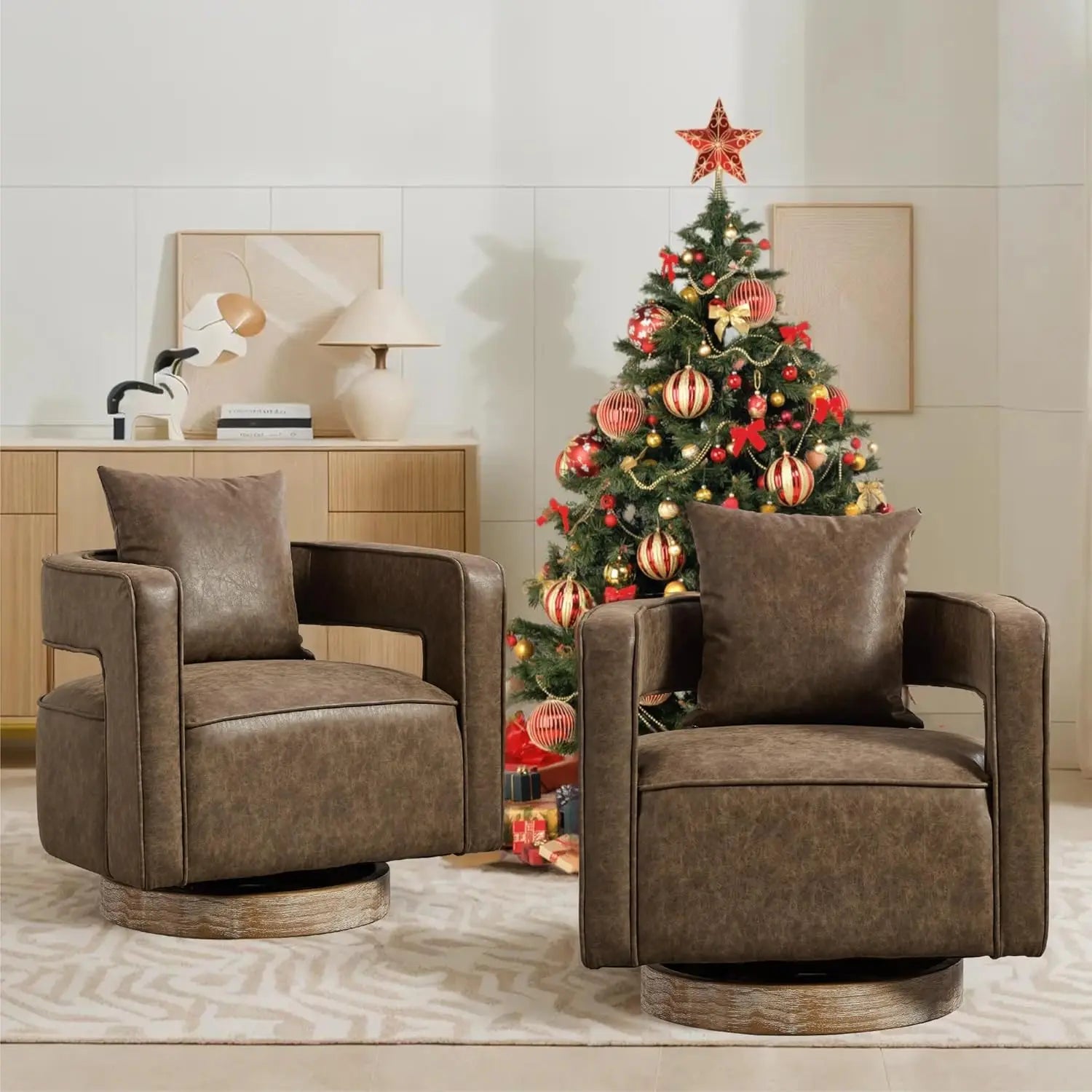 Upholstered Swivel Accent Chair Set of 2 Linen Open Back Barrel Chair with Pillow for Living Room, Beige