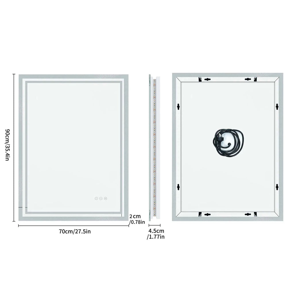 LED Light Bathroom Mirror Illuminated Wall Mounted Vanity Makeup Anti-Fog Rectangle 3 Colors Touch Light