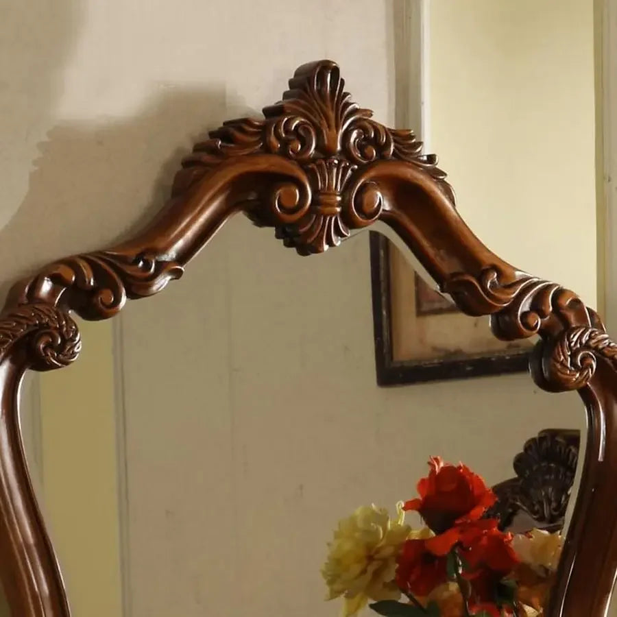 European Vintage Brown Makeup Table with 5 Drawers and Mirror, Fabric Upholstered Stool