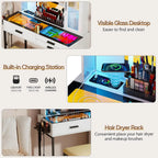 RGB Glass Top Vanity Desk with Mirror Light Wireless Charging Stool 6 Drawers Cabinet Bedroom White Customized