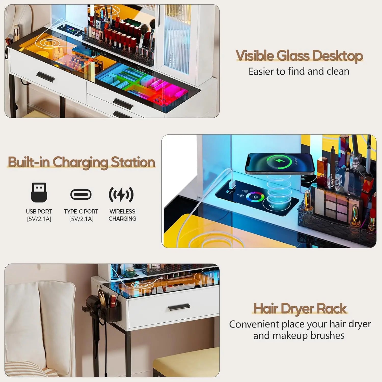RGB Glass Top Vanity Desk with Mirror Light Wireless Charging Stool 6 Drawers Cabinet Bedroom White Customized