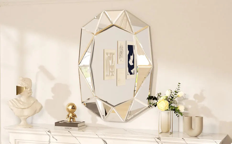 Stylish Irregular Silver Glass Wall Mirror with Beveled Diamond Edge Accents