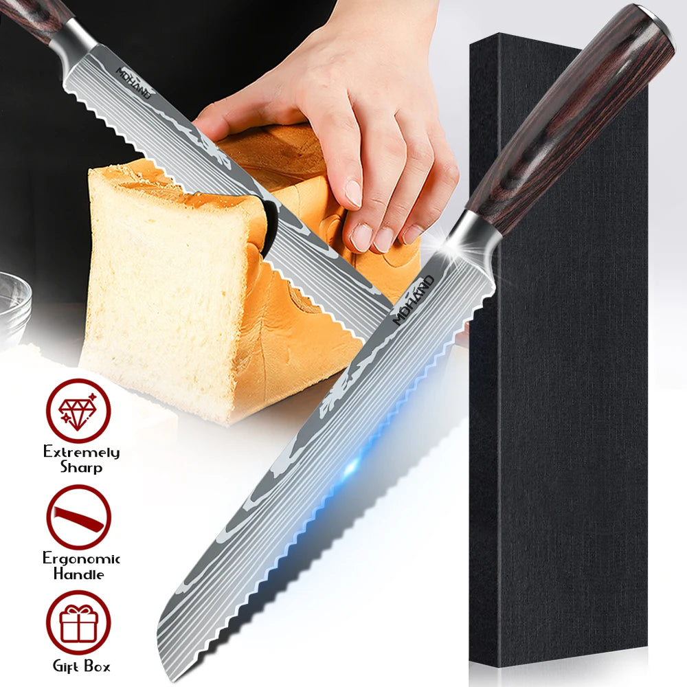 Bread Knife Serrated Design Laser Damascus Wood Handle Slicing Chef Knive