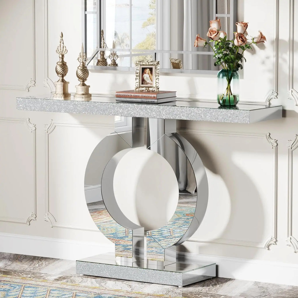 Mirrored Console Table with O-Shaped Base, Entryway Table Glass Sofa Table with Mirror Finish,