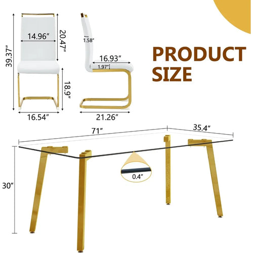 ,71''Gold Dining Room Table &Generous Legroom with 6 White Leather