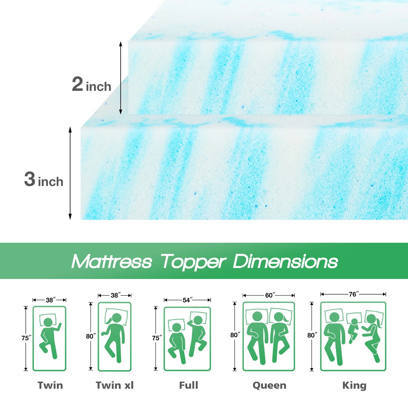 2-3 Inch Gel Memory Foam Mattress Topper Full Size Cooling Mattress Soft and Breathable