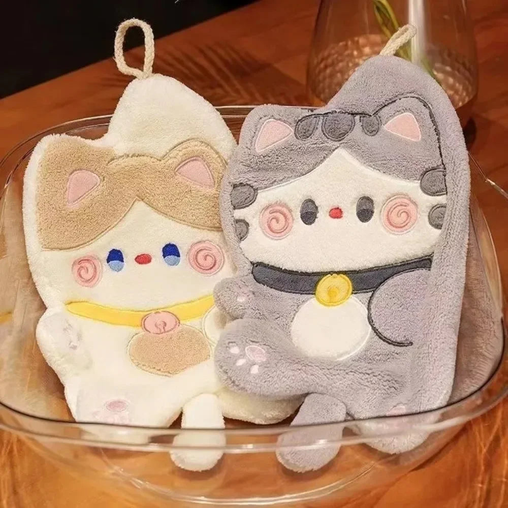 Cute Cat Hand Towel Quick Drying Kitchen Cleaning Rag Coral Velvet Cartoon Animal