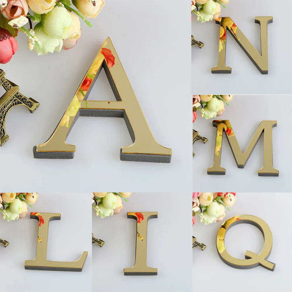 26 English Letters Wall Sticker 3D Mirror Acrylic Gold