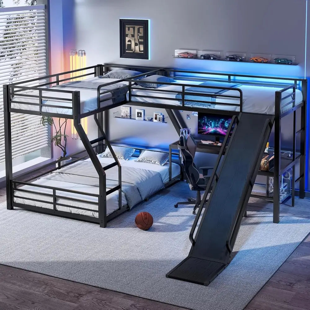 Black Metal Twin Over Full Bunk Bed with Loft, Desk, Ladder, USB Ports, Slide for Kids & Adults