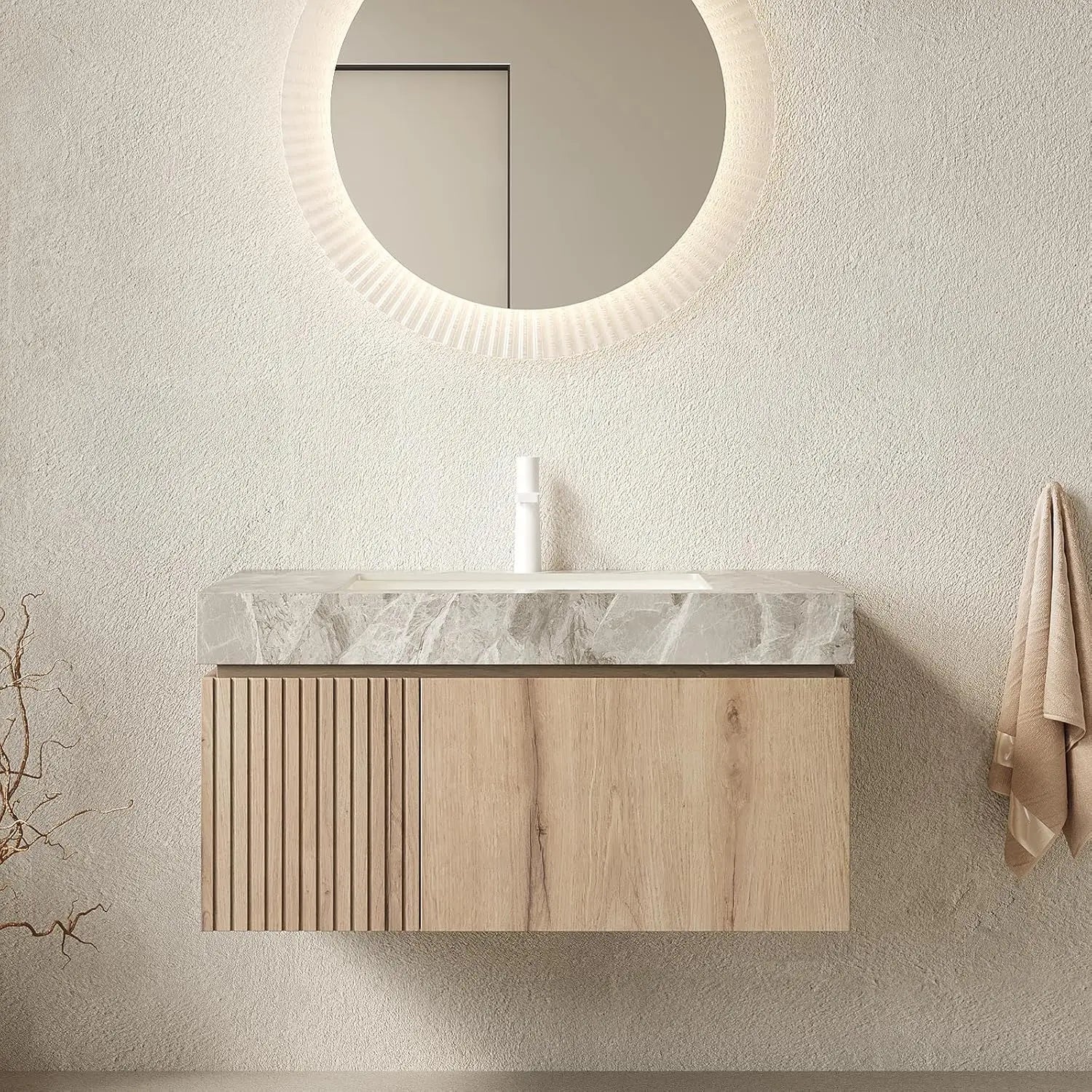 36in Wall Mounted Bathroom Vanity with Sink Ceramic Basin Travertine Countertop Storage Drawer Door Light