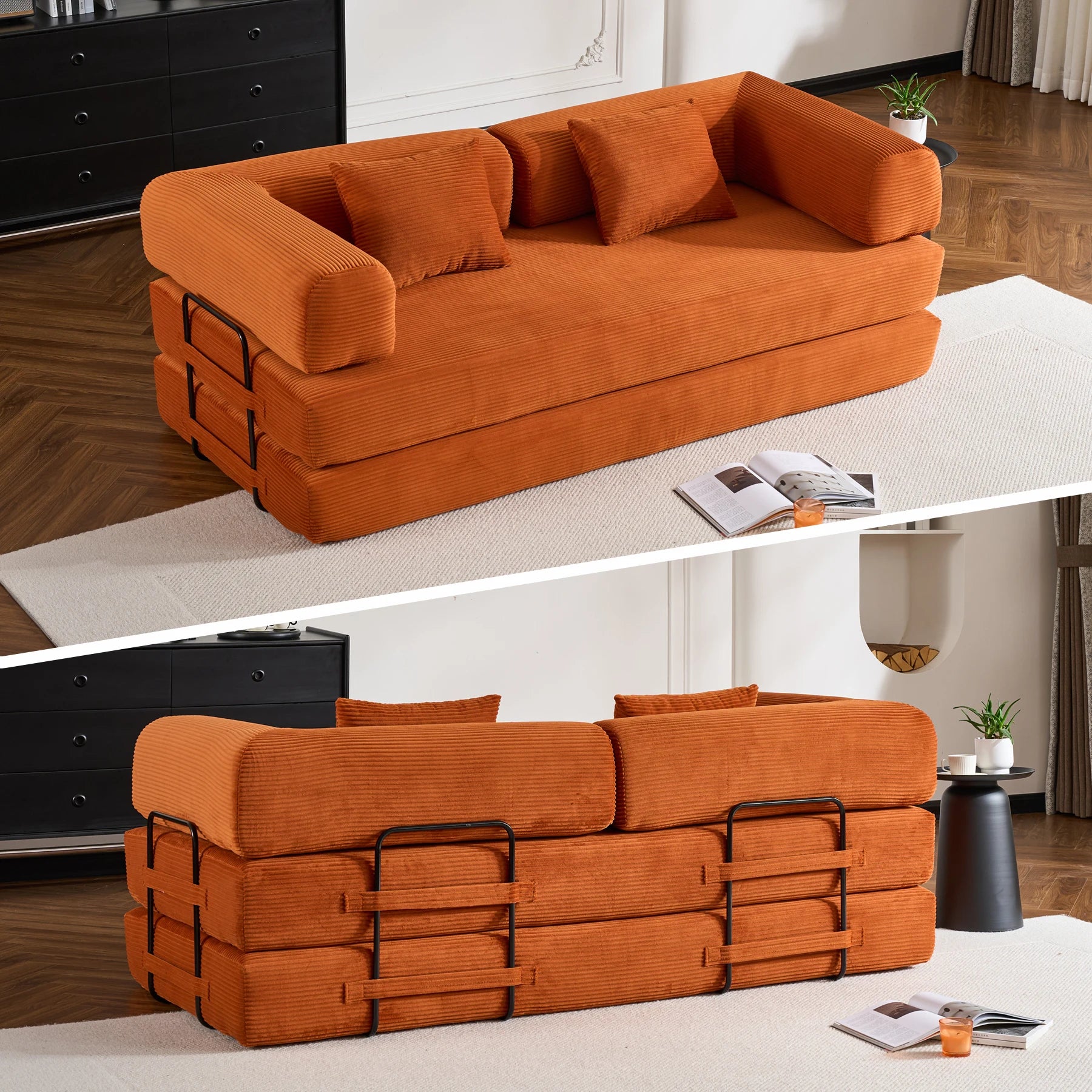 79" Folding Convertible Sofa Bed, Oversized Corduroy Futon Floor Couch, Boneless Loveseat for Small Spaces,