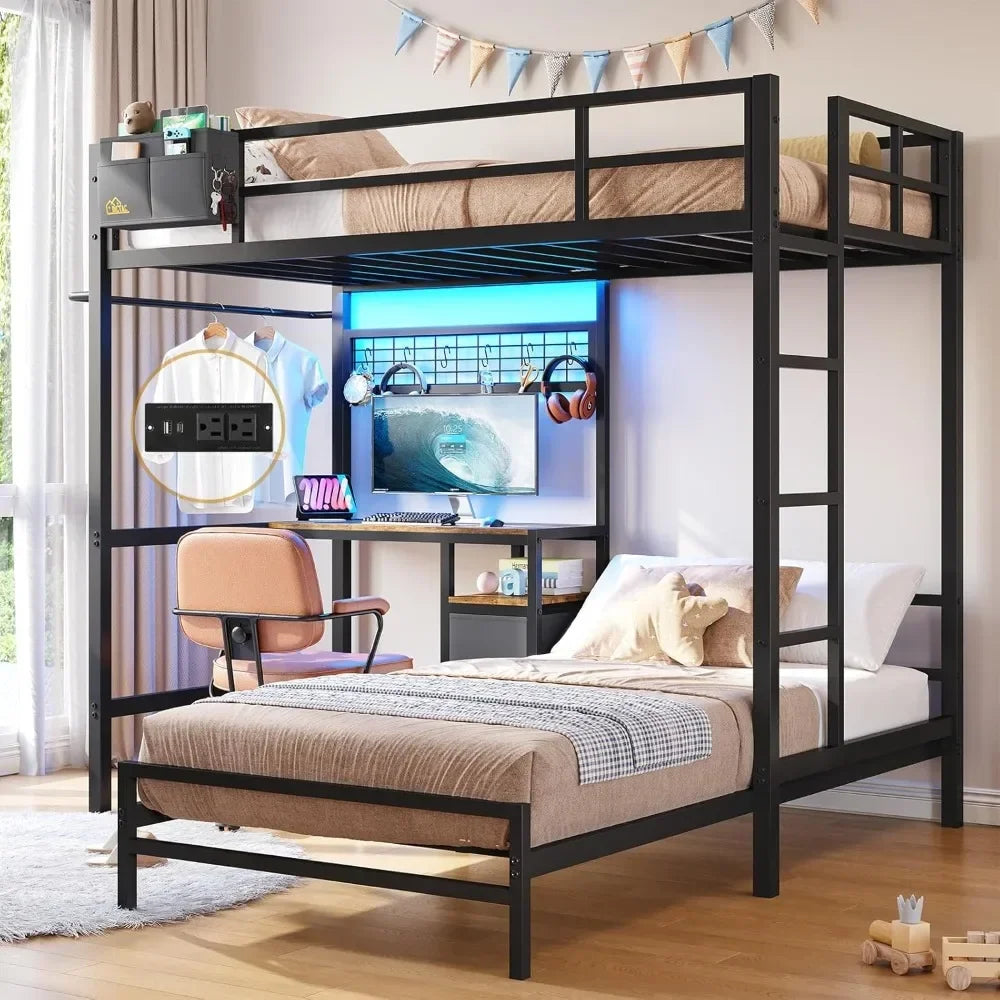 Bunk Bed Twin Over Twin Size with Desk and Charging Station L-Shaped Metal