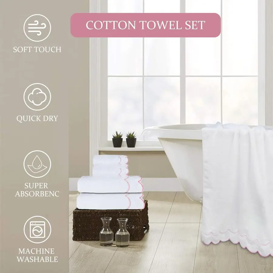 4 Set 100 Cotton Bath Towels Set 2 Bath Towels 2 Hand Towels Embroidered Decorative Scalloped Towels
