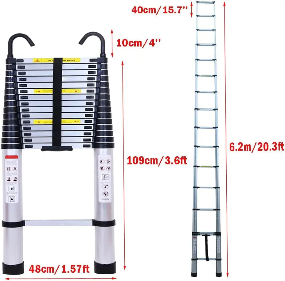 Telescopic Ladder 6.2m with Detachable Hooks & Extendable Steps,