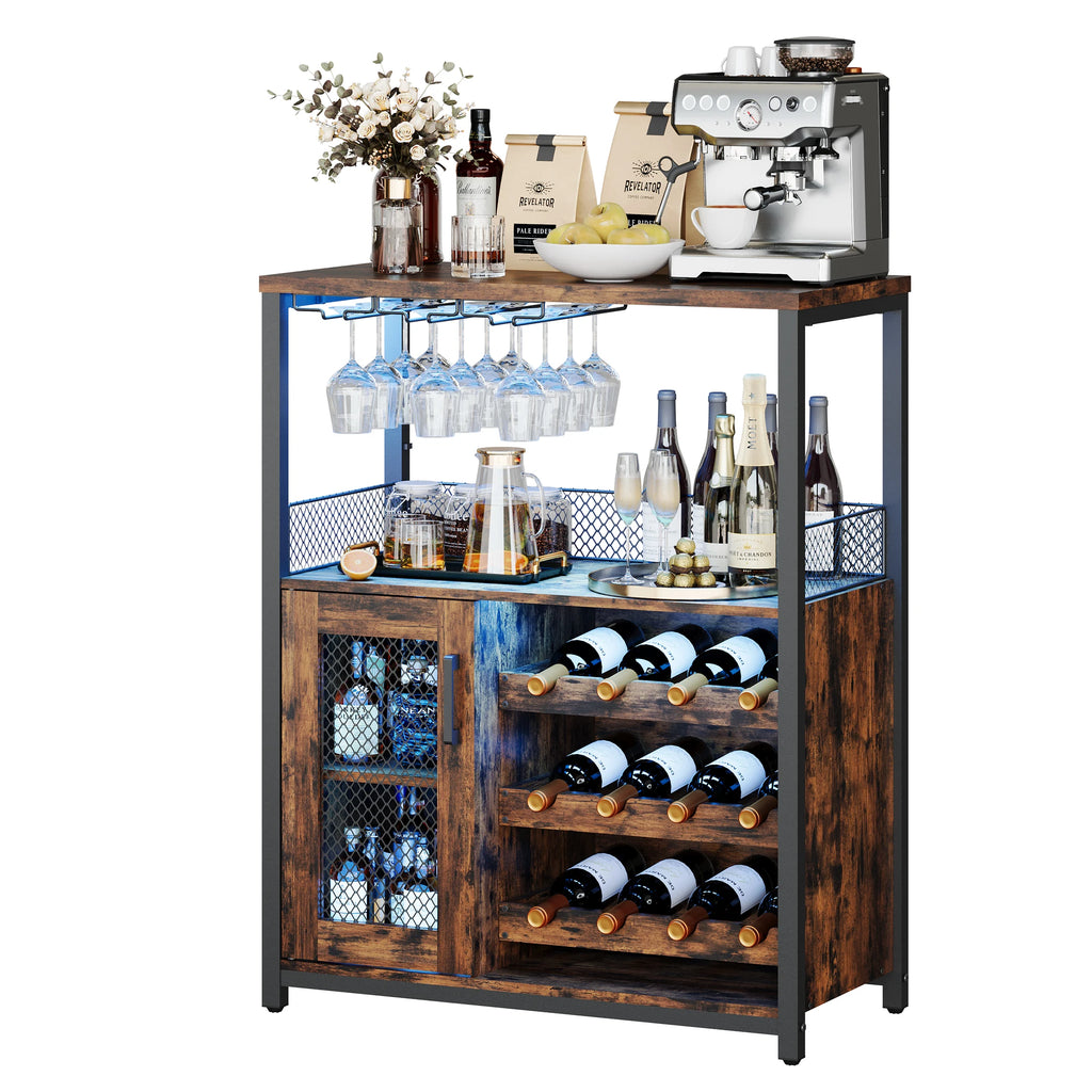 36" Wine Bar Cabinet with LED Lights - Adjustable Glass Shelves