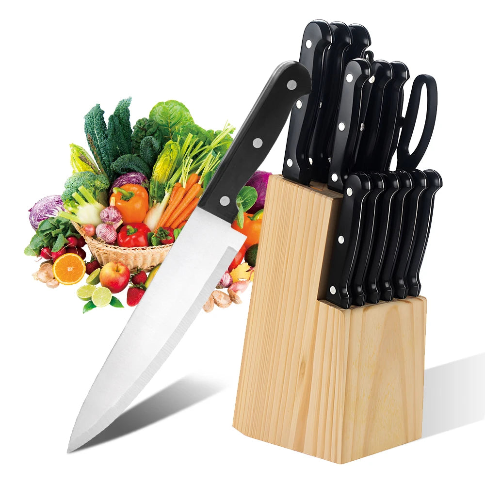 15pcs Kitchen Knife Set with Solid Wood Block Suitable for Chefs