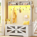 5-in-1 Entryway Bench with Coat Rack, 10 Shoe Cubbies & 9 Coat Hooks, Barn Door & Adjustable