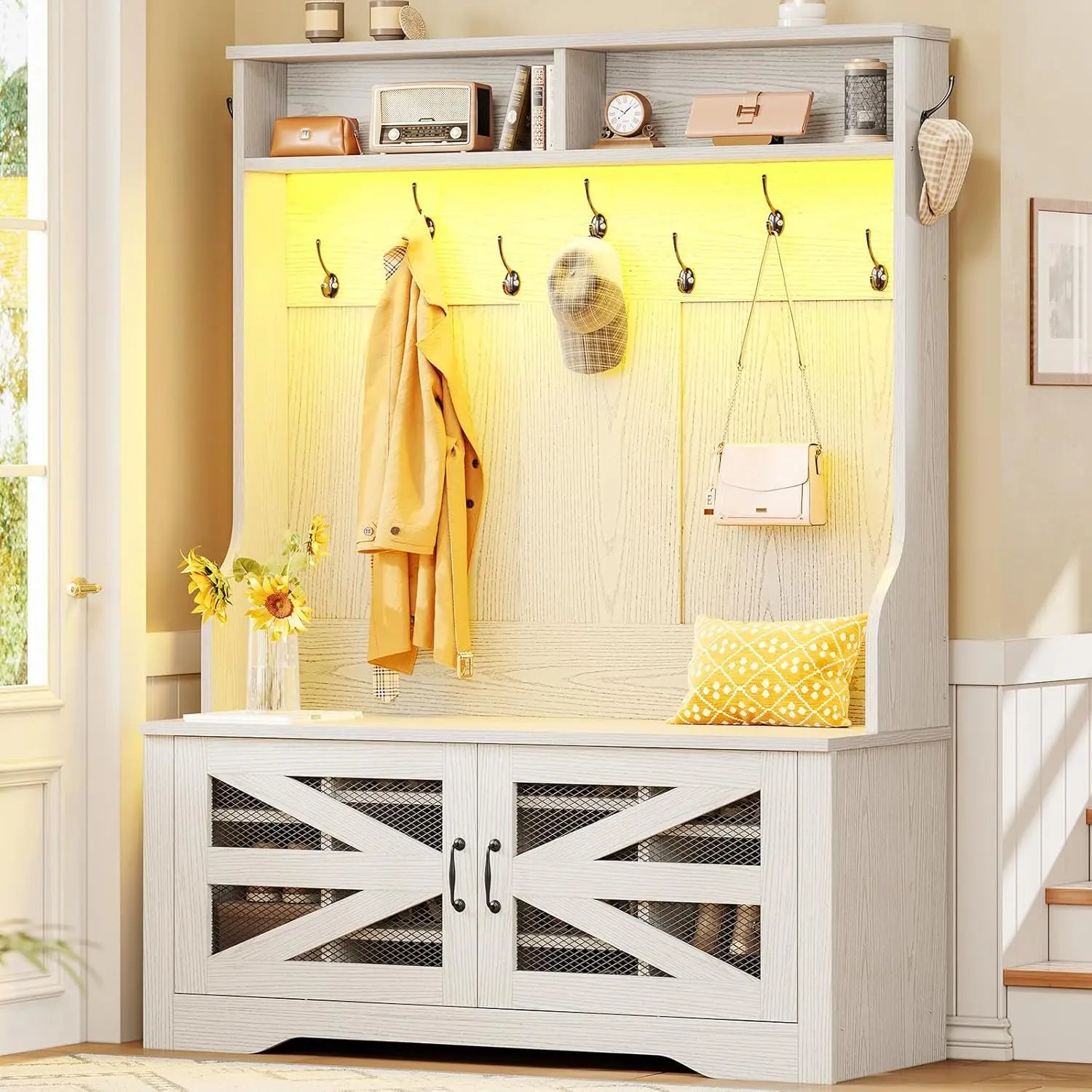 5-in-1 Entryway Bench with Coat Rack, 10 Shoe Cubbies & 9 Coat Hooks, Barn Door & Adjustable