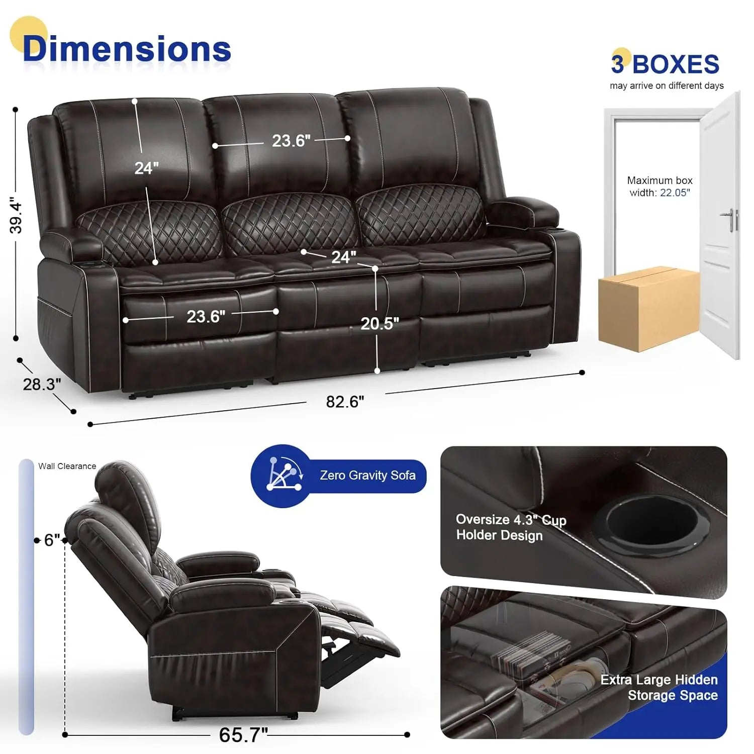 3 Seat Recliner Sofa with Console, Armrest, PU Leather, Cup Holders, USB Ports,