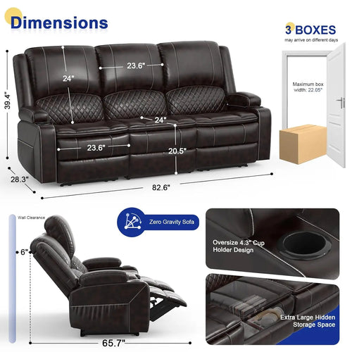 3 Seat Recliner Sofa with Console, Armrest, PU Leather, Cup Holders, USB Ports,