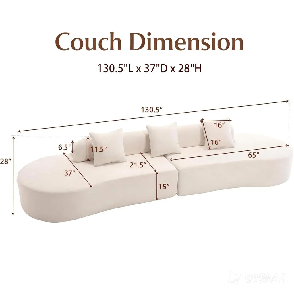 130” Boneless Sectional Modern Curved Sofa Comfy Cloud Couch