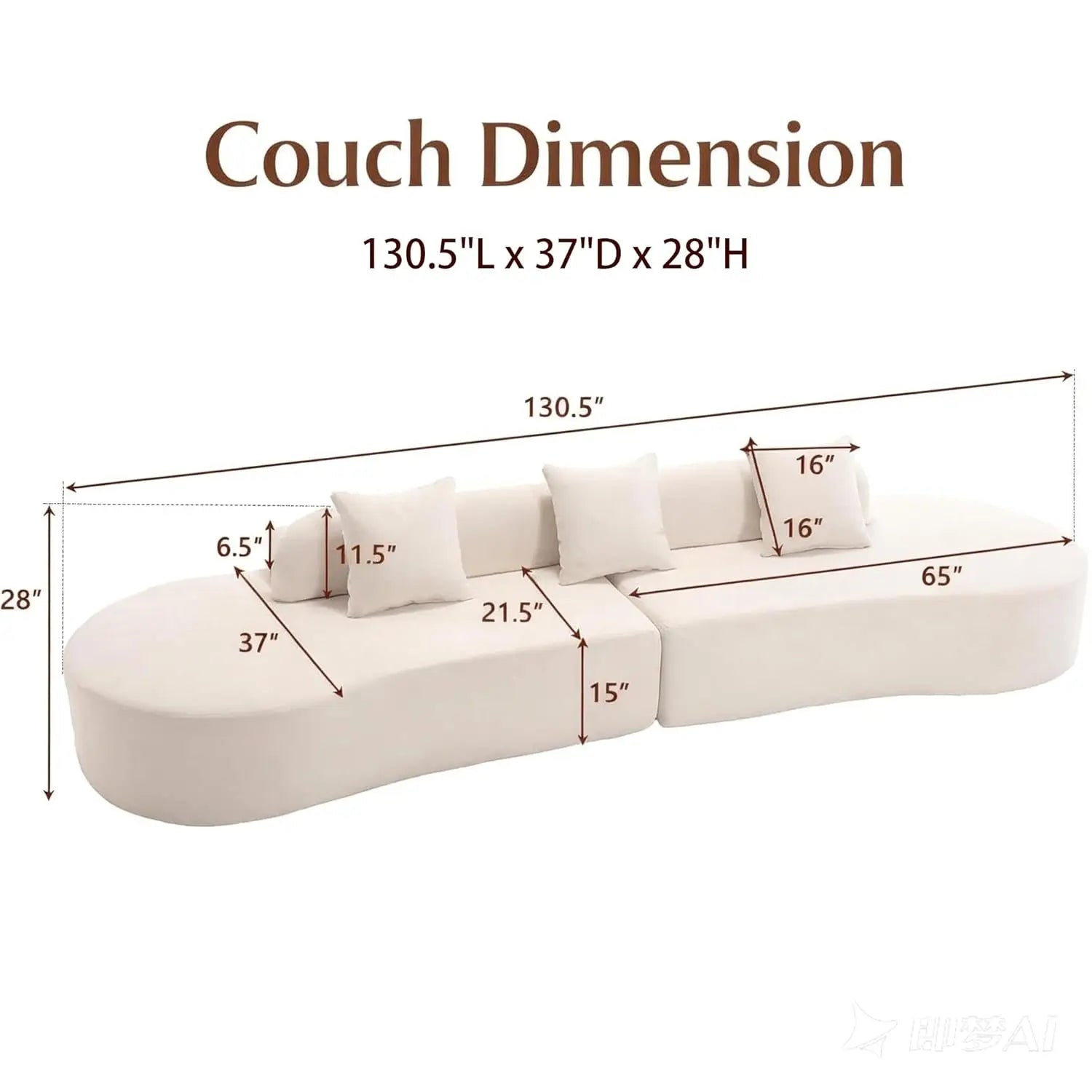 130” Boneless Sectional Modern Curved Sofa Comfy Cloud Couch