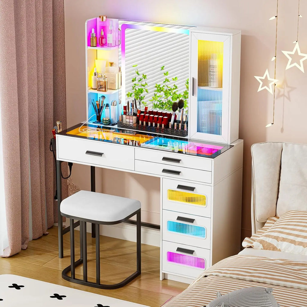 RGB Glass Top Vanity Desk with Mirror Light Wireless Charging Stool 6 Drawers Cabinet Bedroom White Customized