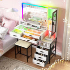RGB Glass Top Vanity Desk with Mirror Light Wireless Charging Stool 6 Drawers Cabinet Bedroom White Customized